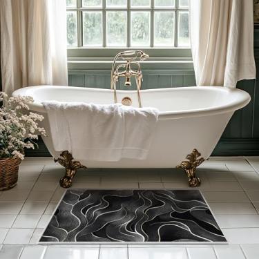 Imagem de Tapete de área 2x3 preto branco moderno para banheiro tapete interno lavável à máquina tapetes abstratos para quarto, ultramacio, sala de jantar, tapete antiderrapante para escritório em casa