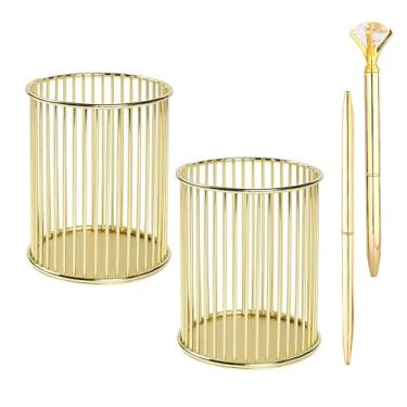 Imagem de JIABEIUS 2 porta-lápis de metal, organizador de mesa de malha, suporte de pincel de maquiagem vazado de ferro redondo com caneta para mesa, escritório, casa, escola (ouro)