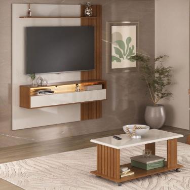 Imagem de Sala de Estar Completa Angelim para TV Até 65 Polegadas 1 Porta Basculante com Led Cinamomo/Off White - Pnr Móveis