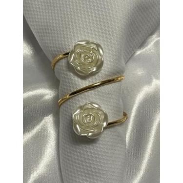 Imagem de Kit 12 Aneis Mesa Posta Argola Porta Guardanapo Prendedor Anel com Uma ou Duas Voltas Anel de Guardanapo (DOURADO COM FLOR, UNICO)