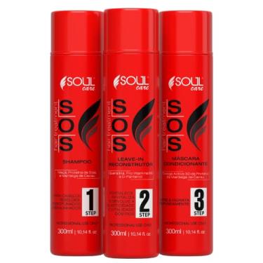 Imagem de Kit SOS Tratamento Capilar Profissional Reconstrução Cauterização Antiemborrachamento Pós-Química Soul Care - Shampoo, Reconstrutor e Máscara (300mg)