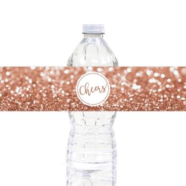 Imagem de Andaz Press Glitzy Faux Rose Gold Glitter Water Bottle Etiquetas, Cheers!, Pacote com 20 etiquetas para garrafas de água de formatura, casamento, aniversário, formatura, despedida de solteira, garrafa