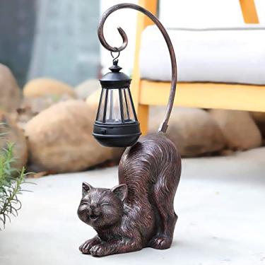 Imagem de Hapyard Estatueta de gato rindo com luz de LED alimentada por energia solar, bronze antigo de 40 cm de altura, perfeita para decoração de jardim ou inauguração de casa para amantes de gatos.