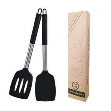 Imagem de Conjunto de espátula de cozinha de silicone de 2 peças, espátula antiaderente, resistente ao calor, livre de BPA, preto, fácil de cozinhar ovos, peixes, vegetais