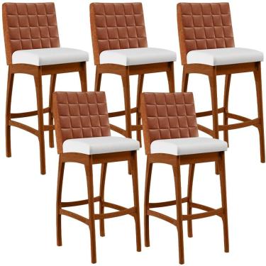 Imagem de Kit 05 Banquetas Altas Mila B04 Madeira Estofado Couro Sintético Camel Lyam Decor