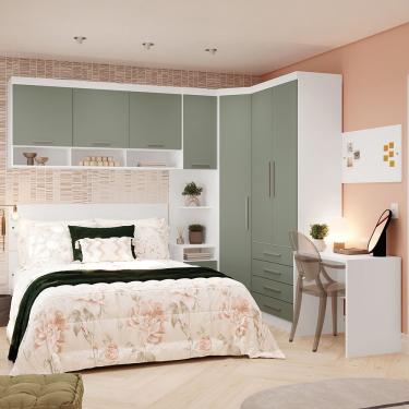 Imagem de Quarto De Canto Casal Com Guarda Roupas Cabeceira E Escrivaninha Alpes Luciane Móveis Branco Pf Com Verde Pf