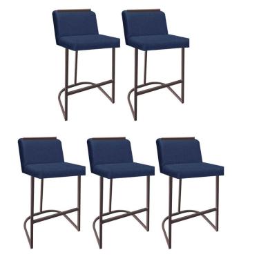 Imagem de Kit 05 Banquetas Com Encosto Confort Bistrô Cozinha Ferro Marrom Linho Azul Marinho Amey Decor