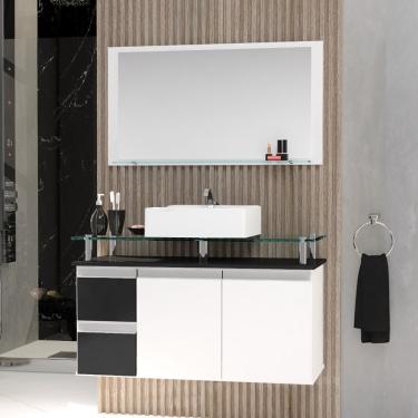 Imagem de Conjunto Gabinete Banheiro 2 Gavetas 2 Portas 80cm Com Espelheira Diamante - Preto - Preto