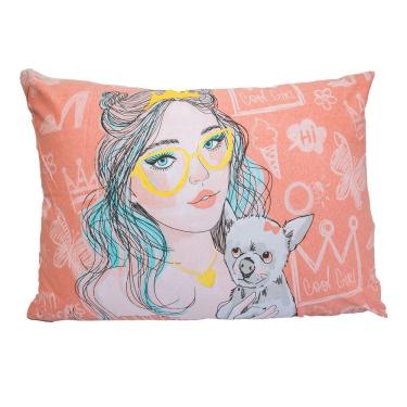 Imagem de Fronha Portallar Malha 100% Algodão Estampa Localizada Girl óculos E Cachorro 48cmx68cm Branco
