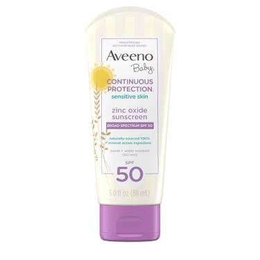 Imagem de Aveeno Baby Continuous Protection Zinc Oxide Mineral Sunscreen Lotion for Sensitive Skin, Broad Spectrum SPF 50, Tear-Free, Sweat- & Water-Resistant, Paraben-Free, Travel-Size, 3 fl. oz