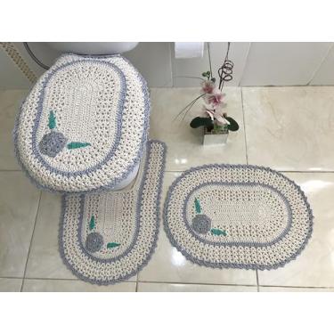 Imagem de Jogo de Tapete para Banheiro em Crochê 3 Peças com Aplicação (Cinza Claro)