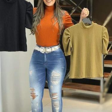 Imagem de Blusa gola alta manga curta princesa bufante malha canelada moda influ