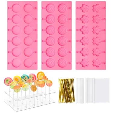Imagem de Conjunto de moldes de silicone para bolo, kit de 24 cavidades para fazer pirulitos, 100 peças de palito para bolo, suporte de pirulito de acrílico de 15 furos para assar pirulito, doces duros, bolo e chocolate (rosa)