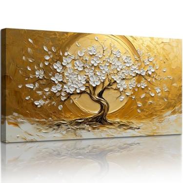 Imagem de SERIMINO Arte de parede grande árvore da vida, impressão de arte abstrata inspirada na natureza da árvore dourada, pintura em tela de flores desabrochando, decoração de parede moderna de sol, sala de