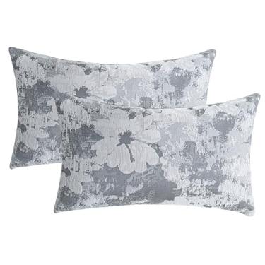 Imagem de Conjunto de 2 capas de almofada jacquard 30,5 x 50,8 cm - fronhas boho florais vintage com padrão botânico | Decoração de casa de fazenda para sofá sala de estar | Trio neutro texturizado macio cinza