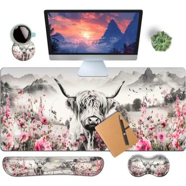 Imagem de HaoSiTeck Conjunto de mouse pad grande estendido de 4 peças para mulheres e homens com design de vaca Highland inclui 90 x 40 2GG grande mouse pad teclado descanso de pulso mouse suporte de pulso e
