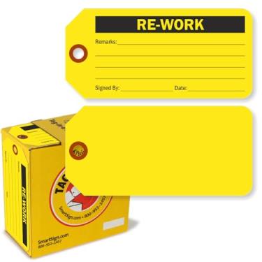 Imagem de SmartSign Pacote com 100 etiquetas amarelas fluorescentes "REWORK" na caixa, 7,6 cm x 15,9 cm, etiquetas de cartão 13pt de espessura, dupla face, furo pré-perfurado com patch de fibra, para