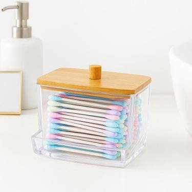 Imagem de Porta Cotonete Acrílico Transparente com Tampa de Bambu Organizador Ba
