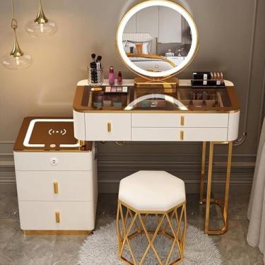 Imagem de Mesa De Vaidade Com Espelho Iluminado De 3 Cores Conjunto De Mesa De Maquiagem Com Luzes E Armário Lateral Móveis De Quarto Mesa De Maquiagem Com Banco Acolchoado Para Mulheres Men, C, 120cm/47in