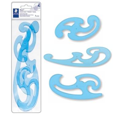Imagem de STAEDTLER Conjunto profissional de régua com design de curva francesa Mars para fazer padrões, 3 formas essenciais A B C, plástico transparente azul com borda de tinta