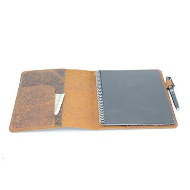 Imagem de JJNUSA Capa compatível com Rocketbook Cover Smart Business de couro genuíno para notebook Everlast, Fusion, Wave, Moleskin A5 com alça para caneta e porta-cartões executivos 15 x 22 cm Flor