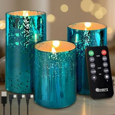 Imagem de LEDHOLYT Vela recarregável sem chama, vela falsa de vidro LED cintilante com controle remoto e temporizador, bateria incorporada, vela eletrônica de cera real para decoração de quarto, conjunto de 3