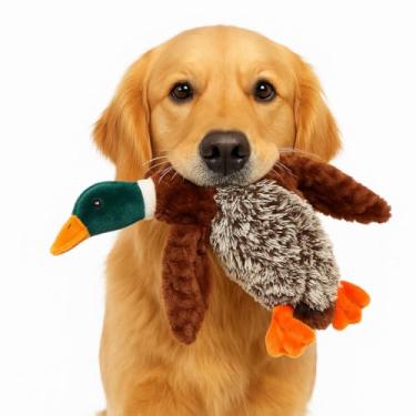 Imagem de Brinquedo interativo para cães de pato com buzina – pelúcia macia e asas enrugadas – Brinquedo de mastigar de pelúcia para cães pequenos e médios – jogar, buscar e treinar – 40,6 cm em design de