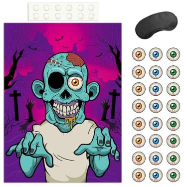 Imagem de FEPITO Pin The Eyeball on The Zombie Halloween Game com 24 peças de adesivos de globo ocular de zumbi para lembrancinhas de festa de Halloween, decorações de Halloween