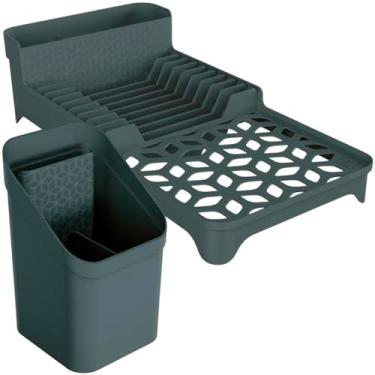 Imagem de Kit Escorredor de Louças e Porta-Talheres, P/Prato Copo Talher Garfo Faca Colher, Base Vazada com Divisórias, Utensílio de Cozinha Compacto, Pia Bancada (Cinza)