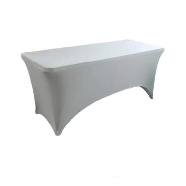 Imagem de Toalha de mesa de elastano opcional de 4 pés, 5 pés, 6 pés e 8 pés, alta elasticidade, capa de mesa de casamento, hotel, aniversário, toalha de mesa dobrável para coquetel, cinza claro, 8 pés (242 x
