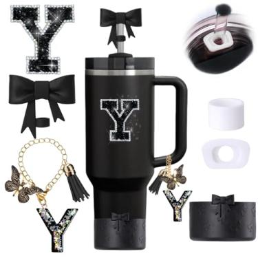 Imagem de Conjunto de 6 peças de acessórios para copos Stanley Pretos, Topper de canudo com laço para Stanley Cup 850 g 1,134 g, incluindo cobertura de palha e bota de silicone com laço, tampas à prova de