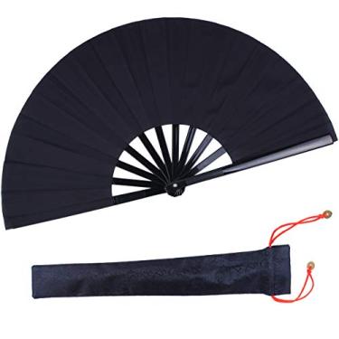Imagem de Ventilador dobrável preto grande ventilador de mão chinês Kung Fu Tai Chi mão ABS plástico - nylon ventiladores dobráveis para homens com uma capa de tecido para proteção 33 cm
