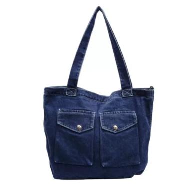 Imagem de WIGUYUN Bolsa feminina vintage jeans nostálgica bolsa de ombro bolsa casual alça superior, D - Azul escuro, One Size