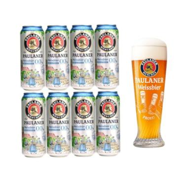 Imagem de Kit 8 Cervejas Paulaner Weiss Zero Álcool Lata 500ml + Copo Prost