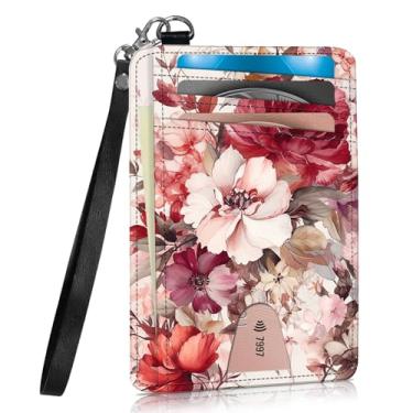 Imagem de WZCJDHMJ Carteira fina com suporte para cartão de crédito com cordão de pulso, carteira com bloqueio de RFID e janela para identidade, Lindas flores de peônia