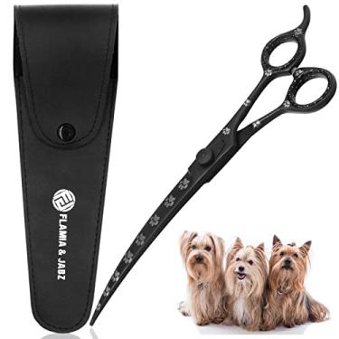 Imagem de Tesoura profissional para cuidados de cães e tesouras, curvada, com impressões de patas para cães, gatos e animais de estimação (destro, preto, aço inoxidável 20 cm)