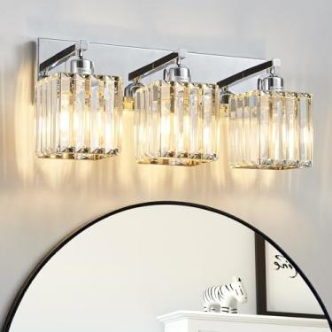 Imagem de Aixialin Luminária moderna para banheiro com 3 luzes modernas de cristal cromado para banheiro sobre espelho, iluminação cromada, arandela de parede de cristal