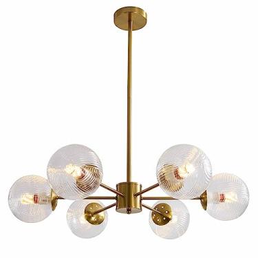 Imagem de BOKT Lustre moderno de globo dourado de 6 luzes em latão escovado Sputnik Candelabro de bola de bolha de vidro transparente de meados do século montagem embutida luminária de cozinha ilha