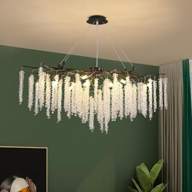 Imagem de Puvaue Lustre de ramo de árvore L99,5 polegadas preto luxo retangular cristal gota de chuva pendente luz 12 luzes cozinha ilha luminária suspensa para sala de estar, sala de jantar, entrada