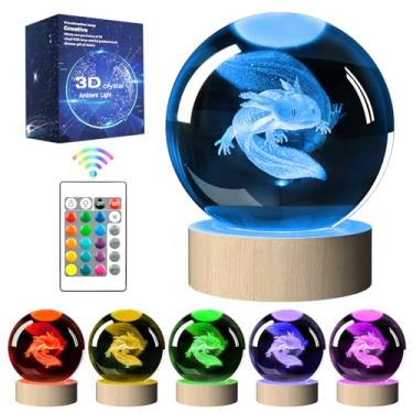Imagem de Kriimrm Lâmpada Axolotl - Luz noturna de bola de cristal 3D com LED de 16 cores, base de madeira, controle remoto para crianças