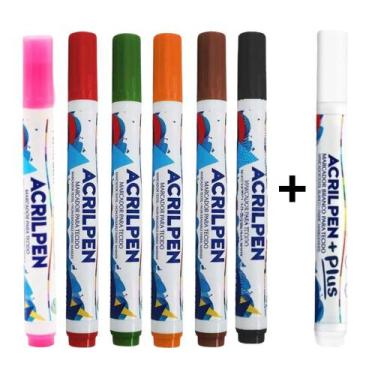 Imagem de Kit 07 Canetas Marcador Para Tecido Acrilpen Colorida + Branca Plus - 