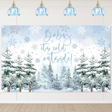 Imagem de Avezano Pano de fundo de chá de bebê de inverno Baby It's Cold Outside Party Decorações de pinheiro flocos de neve fundo fotográfico azul e prata Gênero neutro pano de fundo azul, 1,8 x 1,1 m