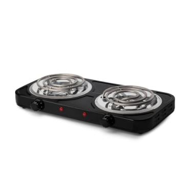 Imagem de Fogão a gás portátil com dois queimadores, adequado para acampamentos e viagens, com capacidade para funcionar tanto com indução quanto com gás. (Preto,220V)