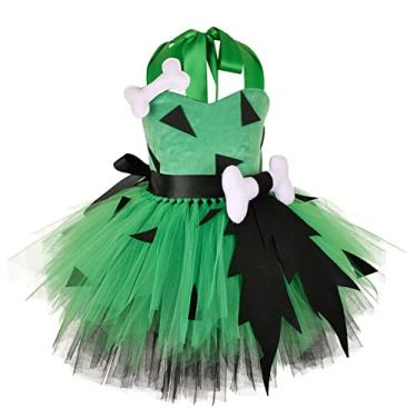 Imagem de ABEHIK Halloween Caveman Costume for Girls Toddler Kids Historical Stone Age Birthday Outfit Halloween Cosplay Dress Up Photo Shoot Tutu Dress with Headband Green 3-4 Years