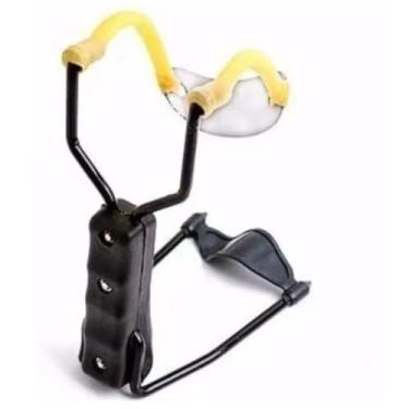 Imagem de Estilingue Profissional com Tiras de Borracha Amarelas, Estrutura em Metal Preto, Punho Ergonômico