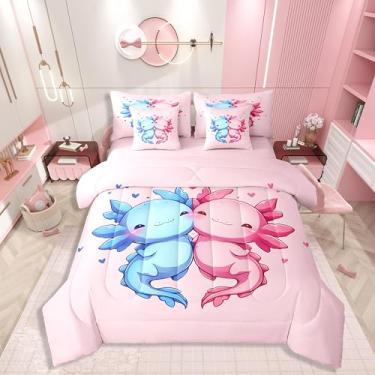 Imagem de Conjunto de edredom com estampa de Axolotls fofos, rosa, azul, tamanho solteiro, kawaii, 7 peças, para meninos e meninas, lençol com estampa de coração, oceano costeiro, animal