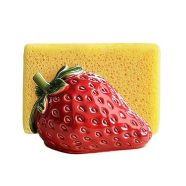 Imagem de WAIT FLY Suporte de esponja de cerâmica em forma de morango para balcão de pia de cozinha, escorredor de pratos de esponja, organizador de organizador de pia, almofada de limpeza de morango e suporte