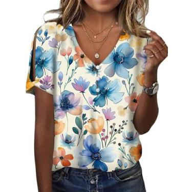 Imagem de Blusa feminina HOTYD com estampa floral boho, decote em V, ombro frio