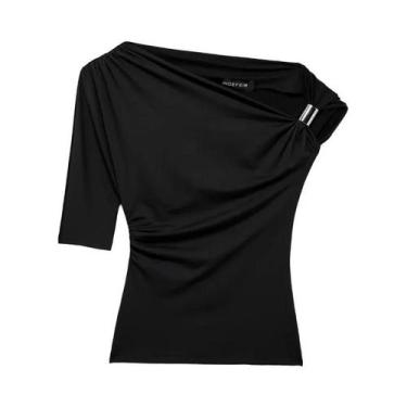 Imagem de Camiseta Feminina Assimétrica Amarela Preta Caqui Primavera Verão Sexy