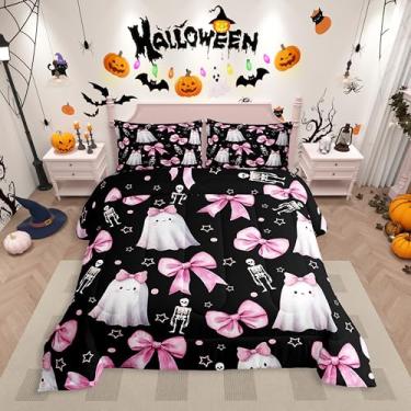 Imagem de Erosebridal Conjunto de cama infantil fantasma com laço rosa, caveira assustadora, esqueleto assustador, colcha com laços rosa e preto, decoração de quarto de Halloween fofo com 1 fronha